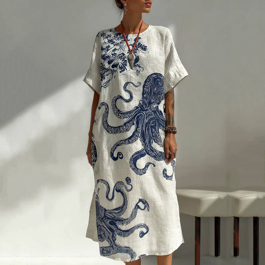 Comstylish Women's Japanese Art Ocean Octopus Floral Linen Blend Midi Dress