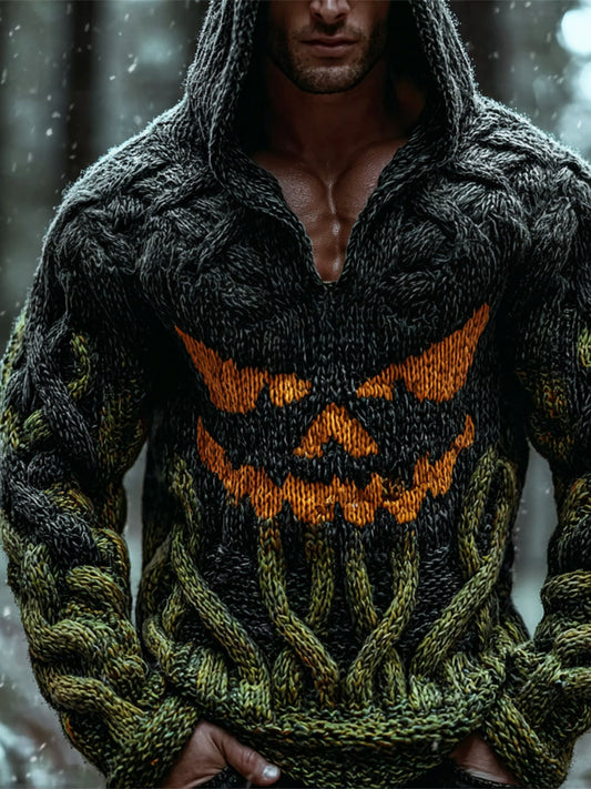 Viking Halloween Evil Emoji Vintage Men's Chunky Knit Twist Hooded Sweater elevenforest