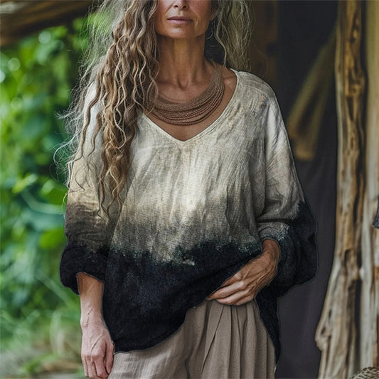 Comstylish Classy Contrast Dyed V Neck Linen Tunic