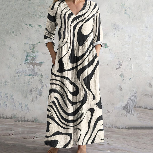 Women's Vintage Stripe Pattern Cozy Linen Dress artswardrobe
