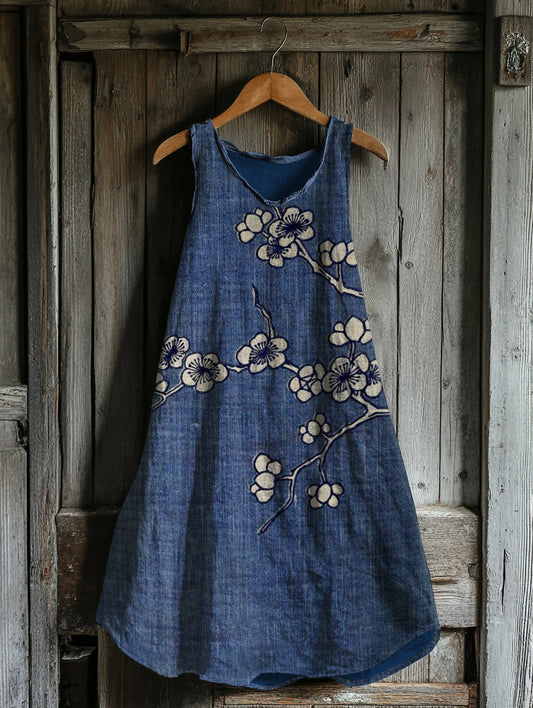 Comstylish Vintage Cherry Blossoms Art Linen Blend Tank Dress
