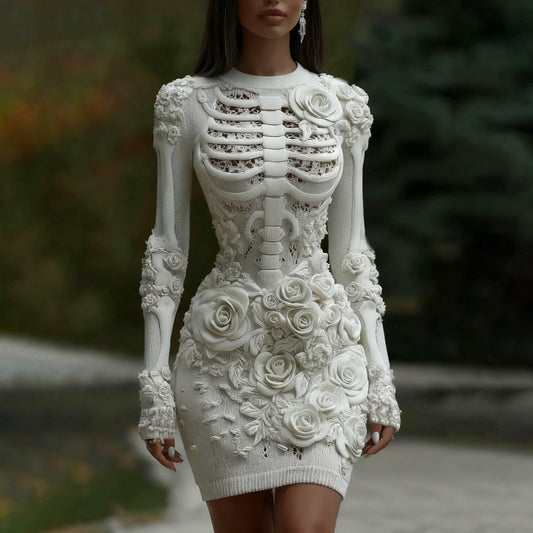 Comstylish Women's Vintage Halloween Skeleton & Floral Art Cozy Midi Dress