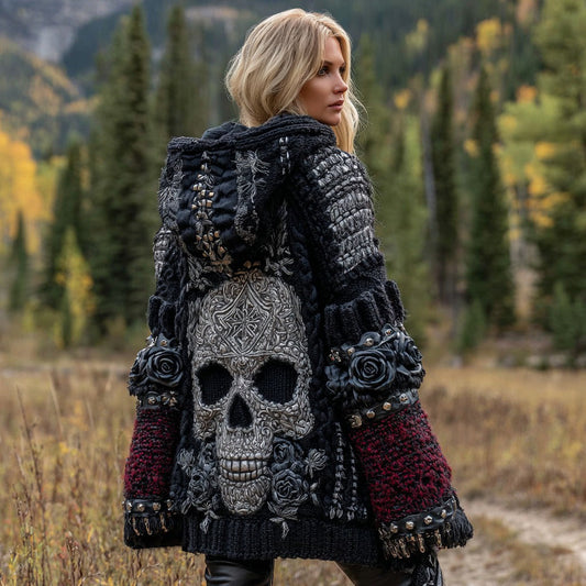 Women's Dark Style Skull And Rose Inspired Knitted Cozy Midi Hooded Cardigan artswardrobe