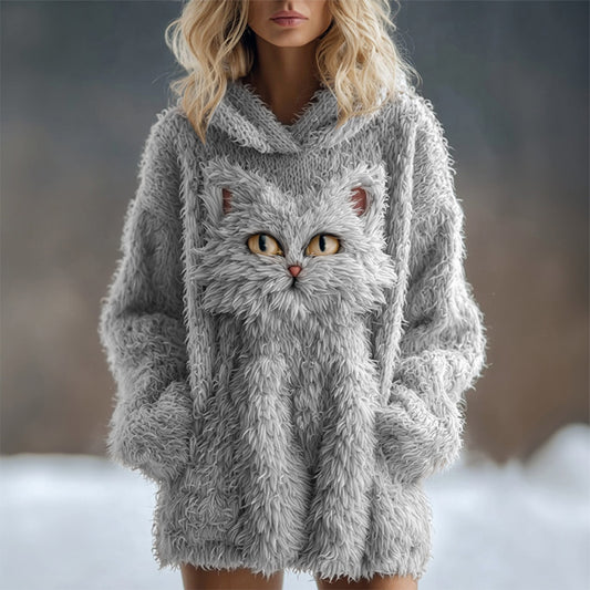 Comstylish Cute Fuzzy Cat Embroidered Soft Hooded Sweater