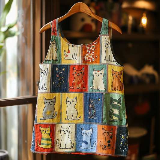 Women's Cat Patchwork Art Linen Tank Top elevenforest