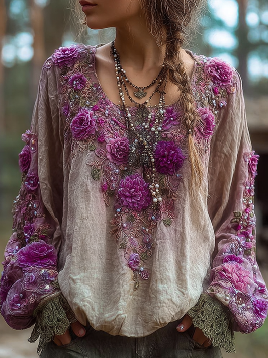 Comstylish Bohemian Style Round Neck Long Sleeve 3d Purple Flower Design Cotton And Linen Top For Women