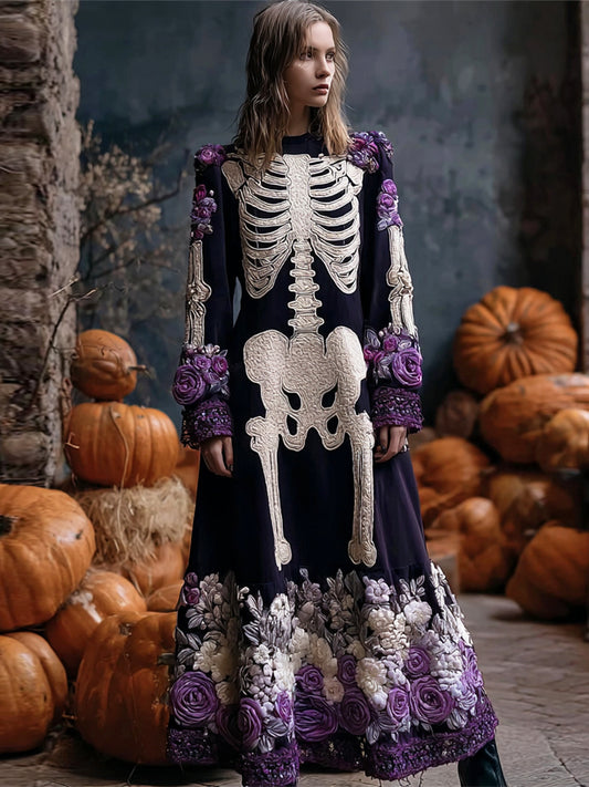 Comstylish Skeleton & Floral Embroidery Art Women's Flannel Maxi Dress