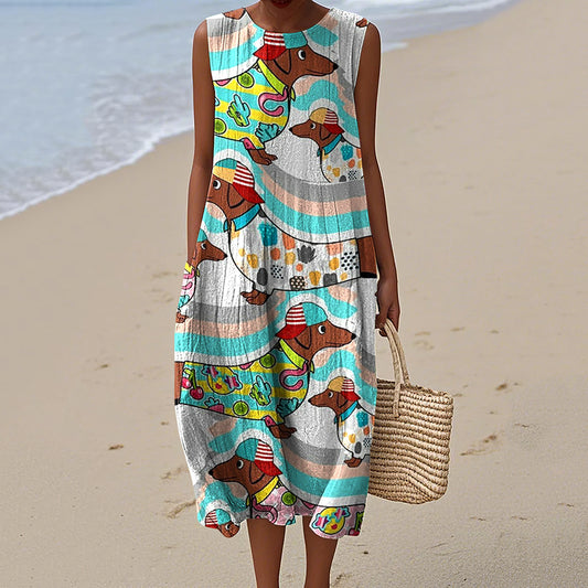 Women's Vintage Colorful Dog Art Dress artswardrobe