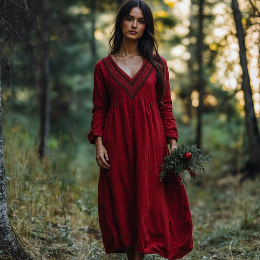Retro Greek Key V-neck Cotton Linen Dress artswardrobe