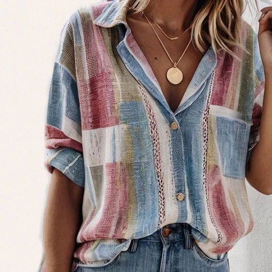 Comstylish Vintage Color Block Stripes Casual Shirt