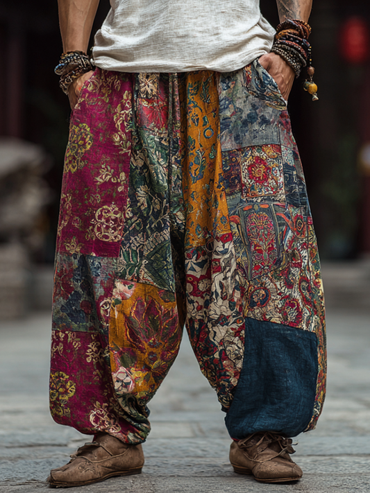 Western Bohemian Style Plant And Flower Pattern Retro Cotton And Linen Loose Wide-leg Pants artswardrobe