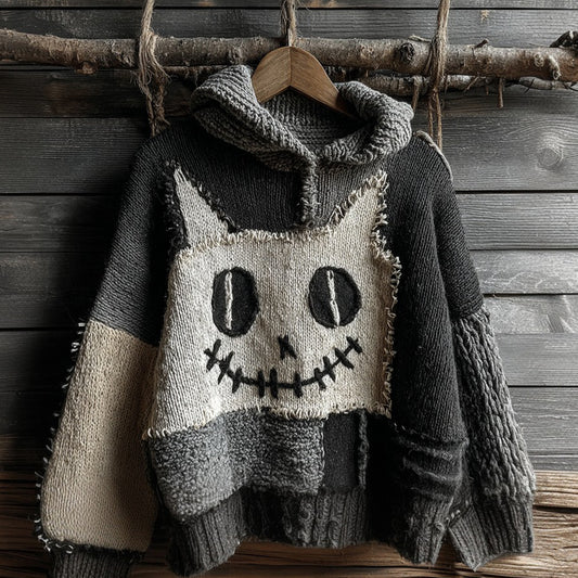 Comstylish Halloween Cat Spooky Face Contrast Stitched Cozy Knit Hooded Sweater