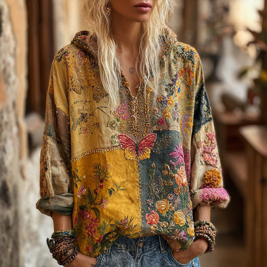 Comstylish Women's Bohemian Style Yellow Patchwork Butterfly Embroidery Linen Hooded Top