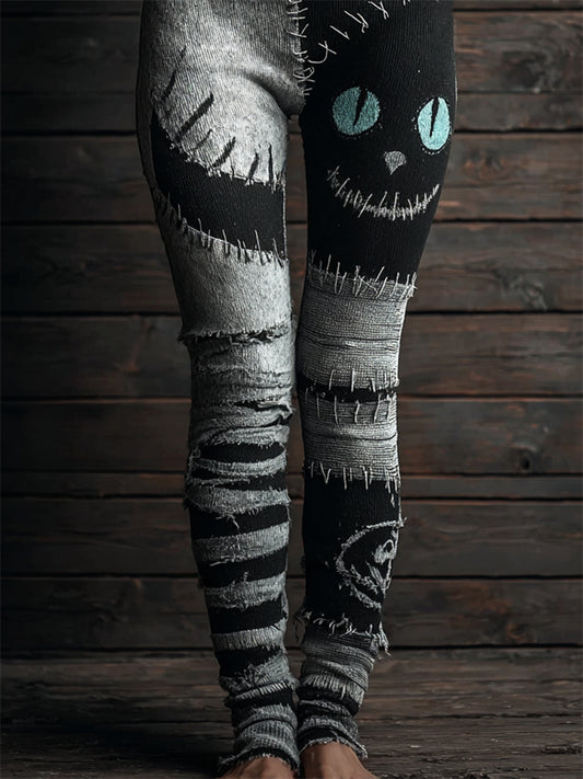 Comstylish Halloween Spooky Cat Face Contrast Stitched Patchwork Cozy Knit Leggings