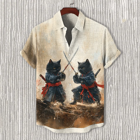 Men's Retro Black Cat Warriors Duel Art Casual Short Sleeve Shirts elevenforest