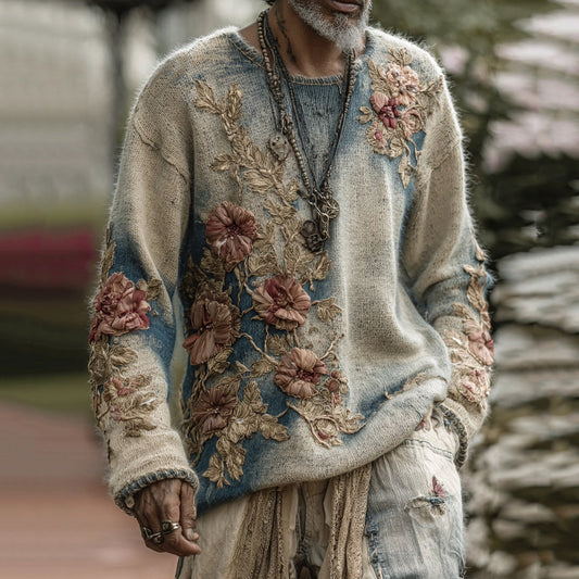 Men's Classic Floral Art Jacquard Thick Warm Turtleneck Sweater elevenforest