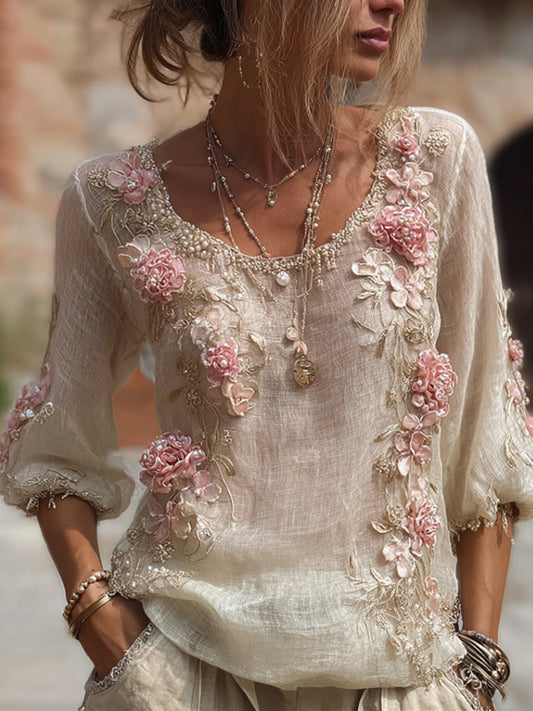 Comstylish Women's Embroidered Three-dimensional Pink Flower Round Neck Long Sleeve