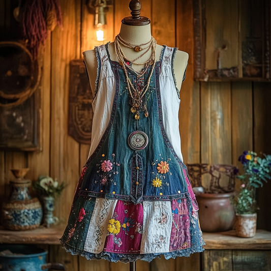 Vintage Denim Floral Patch Sleeveless Dress artswardrobe
