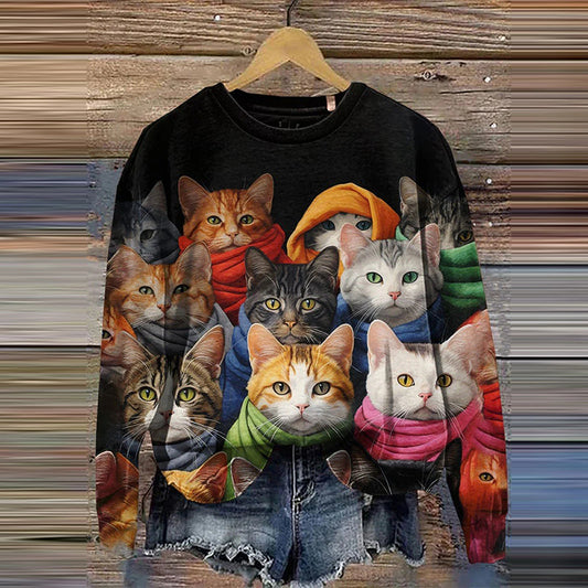 Women's Funny Cats Color Block Print Casual Sweatshirt elevenforest