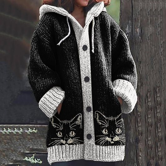 Comstylish Women's Vintage Cute Cats Print Knitted Hooded Cardigan