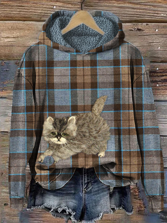 Fuzzy Cat Felt Art Vintage Scotland Plaid Cozy Hoodie elevenforest
