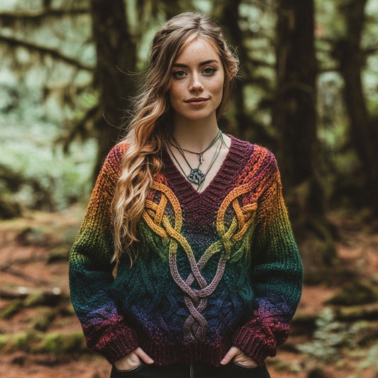 Vintage Rainbow Gradient Celtic Knot Chunky V-neck Aran Sweater elevenforest