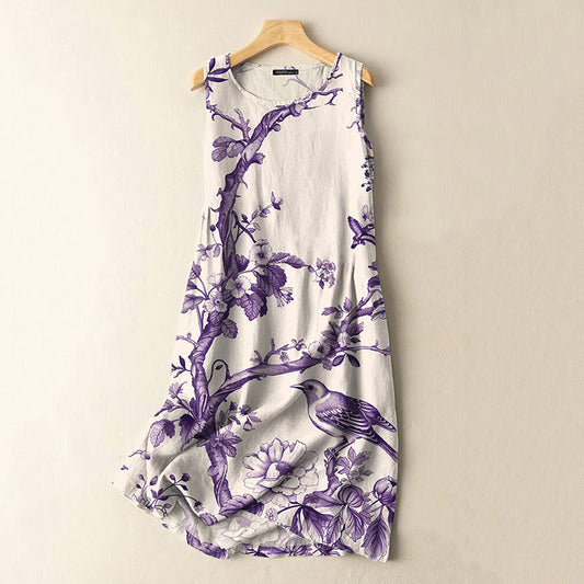Comstylish Vintage Japanese Flowers And Birds Print Sleeveless Cotton And Linen Midi Dress