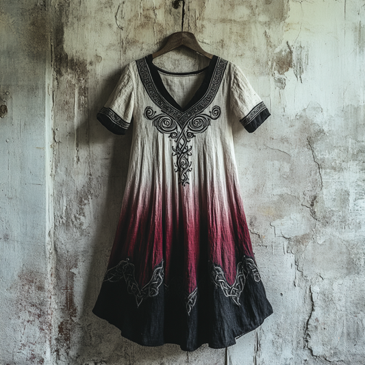Bohemian Viking Tribal Celtic Knot Gradient Embroidery Art Linen Round Neck Midi Dress artswardrobe
