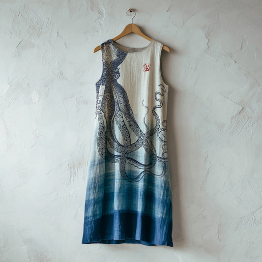 Japanese Octopus With Gradient Art Linen Tank Dress artswardrobe