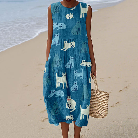 Lovely Cats Pattern Print Linen Tank Dress artswardrobe