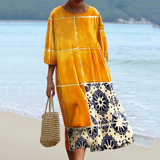 Women's Vintage Flowers Art Print Flowy Cotton Crew Neck Dress artswardrobe