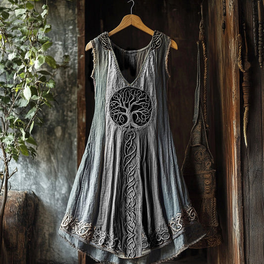 Tribal Viking Colorful Gradient Tree Of Life Lace Art Linen Tank Dress artswardrobe