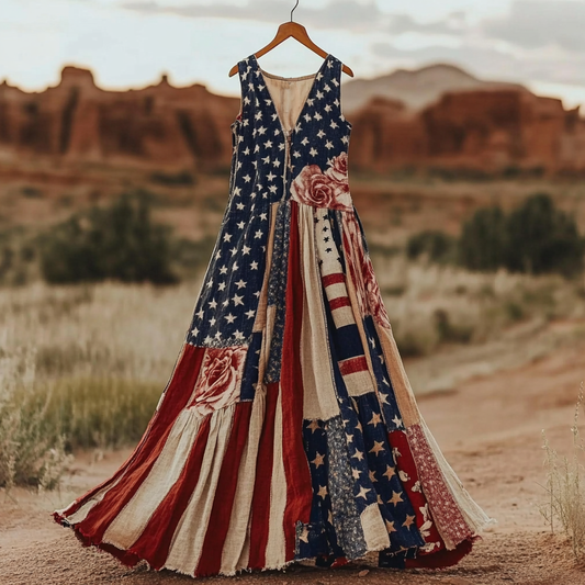 Women's Independence Day Rose Patchwork Art Vintage Linen Tank Dress artswardrobe