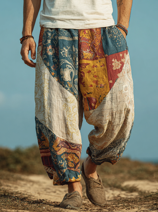 Western Bohemian Style Plant And Flower Pattern Retro Cotton And Linen Loose Wide-leg Pants artswardrobe