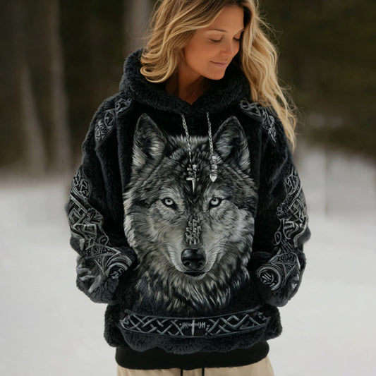 Comstylish Women's Viking Celtic Wolf Art Cozy Flannel Hooded