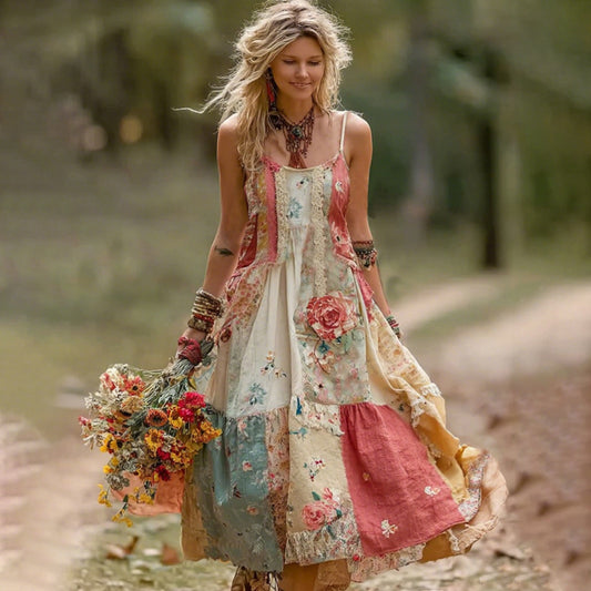 Women's Vintage Boho Floral Art Patchwork Comfy Midi Dress artswardrobe
