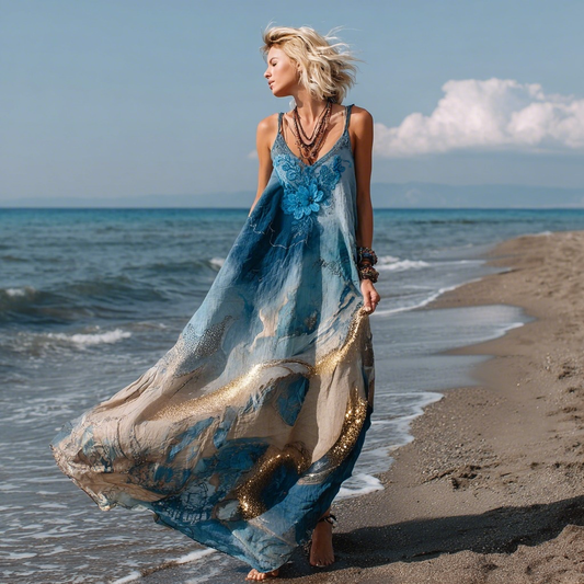 Vintage Marble Texture Collection Retro Bohemia Women Style Gradient Gilded Pattern Linen Maxi Dress artswardrobe