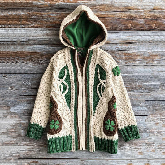 Women's Vintage Knit Four Leaf Clover Jacquard Hoodie Cardigan artswardrobe