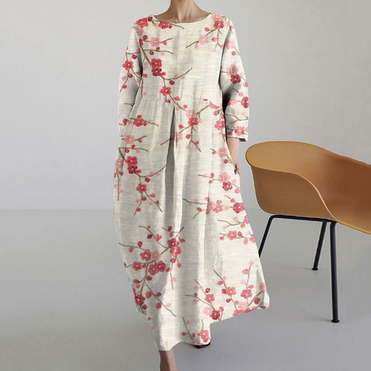 Comstylish Japanese Plum Blossom Art Long Sleeved Loose Midi Dress