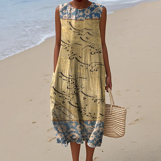 Vintage Loose Persian Art Sleeveless Cotton And Linen Tank Dress artswardrobe