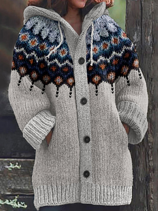 Retro Geometric Knitted Button Down Cozy Hoodie Sweater elevenforest