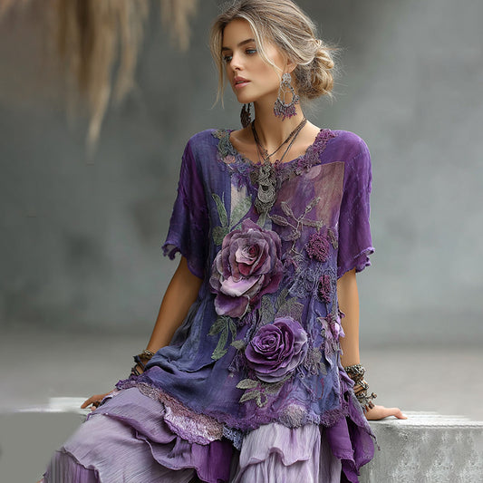 Vintage Bohemian Embroidered Floral Patchwork T-shirt artswardrobe