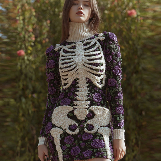 Women's Vintage Halloween Skeleton Bones With Rose Art Cozy Knit Mini Sweater Dress artswardrobe