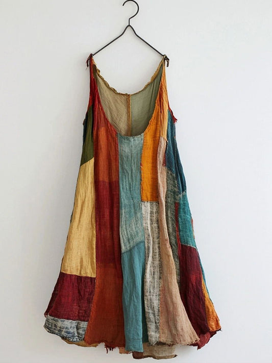 Vintage Patchwork Linen Blend Midi Dress artswardrobe
