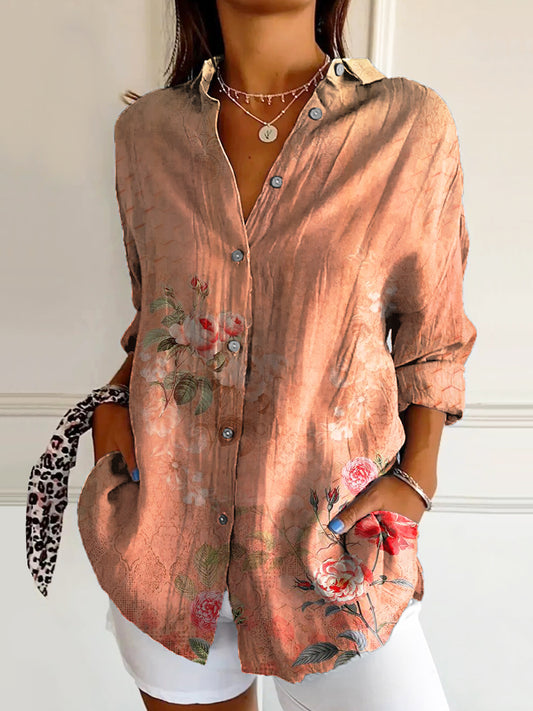 Women's Vintage Floral Art Print Casual Cotton Shirt
