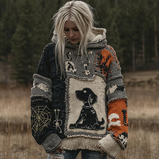 Comstylish Dog Spiderweb Patchwork Stitched Cozy Knit Hoodie