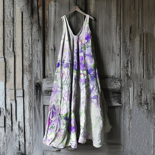 Vintage Violet Floral Art Linen Tank Dress artswardrobe
