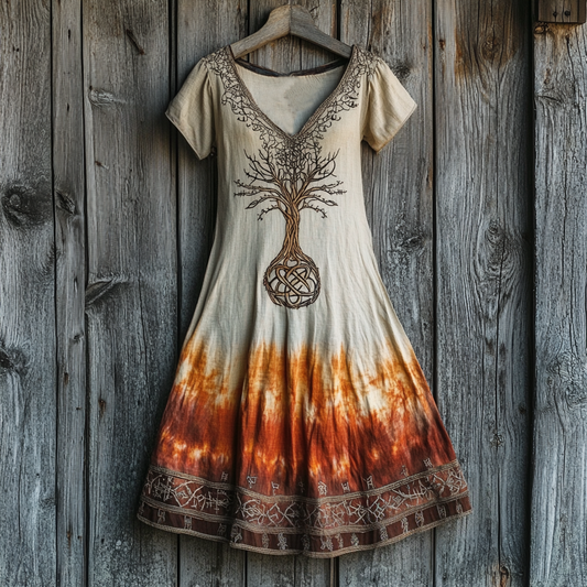 Women's Vintage Viking Tree Of Life Printed Cotton And Linen Dress artswardrobe
