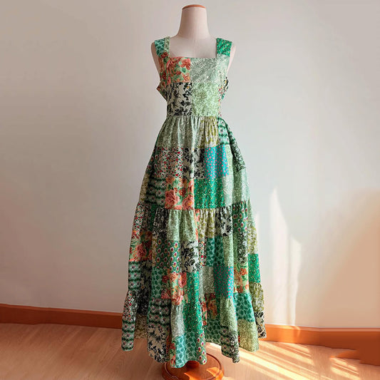 Women's Retro Floral Stitching Sleeveless Casual Dress artswardrobe