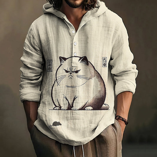 Men's Cat And Mouse Japanese Art Print Linen Hooded Shirt elevenforest